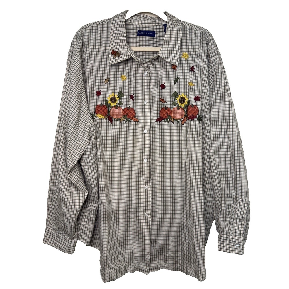 Karen Scott Shirt 3X Vtg Fall Pumpkin‎ Sunflower Patch Button LS Top Plaid Check